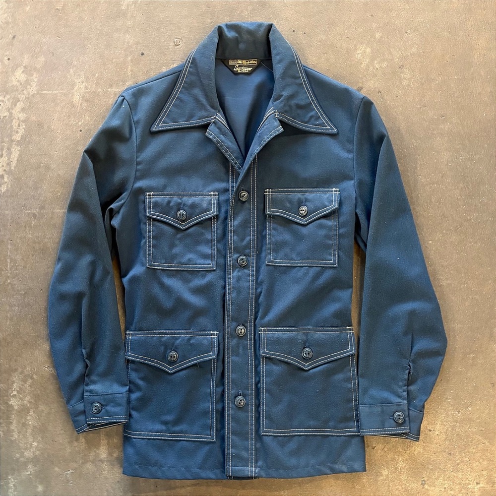 Vintage 70s Sears Mr. Men's Store Safari Utility Jacket Blue Workwear Coat